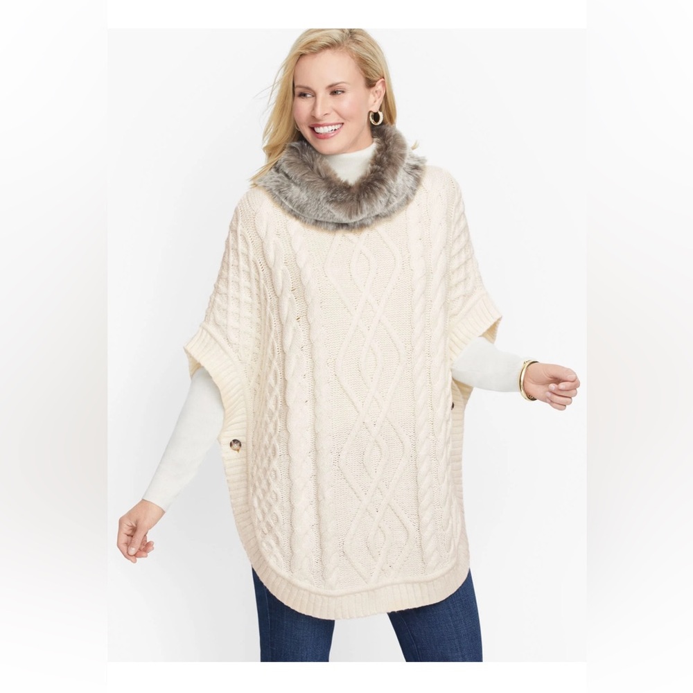 Talbots Faux Fur Collar Cable Knit Poncho SIZE SMALL EUC